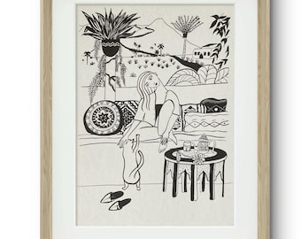 Süß wie Minztee – Schwarz-Weiß-Illustration eines verträumten jungen Mädchens, das auf einer Terrasse in Marokko Minztee trinkt