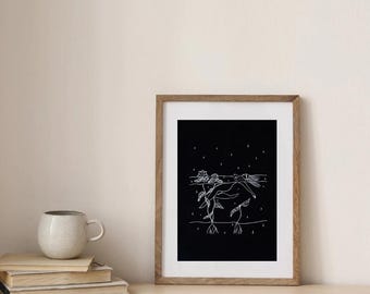 KÄNSLOR - konsttryck natur vatten kvinna flytande illustration poster svartvitt badande koppling till jaget feminint helig sjö hav ocean lotus