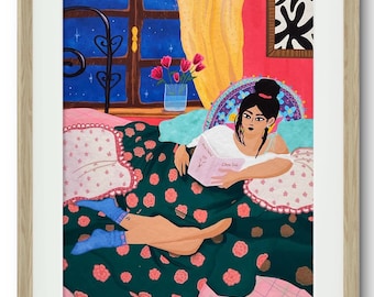 ZUHAUSE - Kunstdruck Frau im Schlafzimmer lesend Feminismus gemütliches Poster Illustration Lesen im Bett farbenfroher Winterabend Selbstermächtigung kostenlos