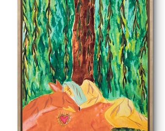 NAP TIME - Kunstdruck Zauberwald Reh Natur feminin heilig Poster Illustration Kunst Erde Herz Ex Voto Geschenk Poster Ruhe Aquarell Seele