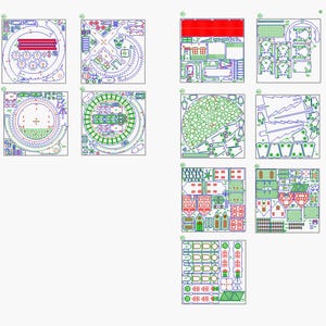 May include: A collection of laser-cut wooden pieces, likely for a model or craft project. The pieces are arranged in rectangular sheets, with intricate designs and shapes in green, blue, and red. The overall theme suggests a DIY or hobbyist project.