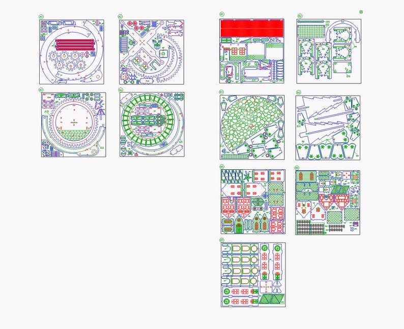 May include: A collection of laser-cut wooden pieces, likely for a model or craft project. The pieces are arranged in rectangular sheets, with intricate designs and shapes in green, blue, and red. The overall theme suggests a DIY or hobbyist project.
