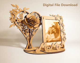 Marco de fotos con forma de corazón floral, archivo SVG para corte láser (descarga digital)