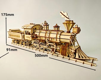 May include: A wooden model train, measuring 19.7 inches long, 7 inches high, and 3.6 inches wide. The model features intricate details, including wheels, a smokestack, and a tender. The train is constructed from light-colored wood and sits on a wooden track.