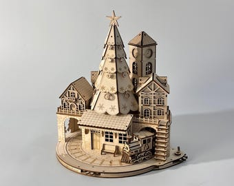 3D Wooden Christmas Village Scene Laser Cut File (SVG DXF AI)