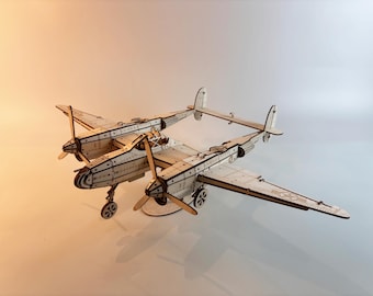 Maquette en bois Lightning P-38 découpée au laser : puzzle de combattant de la Seconde Guerre mondiale (fichiers SVG DXF)