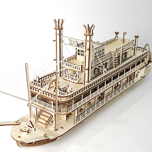 Kit de maqueta de barco de vapor cortado a láser (DIY): kit de ensamblaje de madera contrachapada de 3 mm, maqueta de barco de madera vintage, archivos SVG, DXF y AI de barco fluvial (DIY)