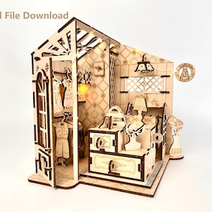 May include: A miniature wooden dollhouse with a detailed interior, including a closet with hanging clothes, a dresser, and a bed. The dollhouse is lit with small lights and features the text "Digital File Download".