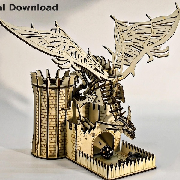 Archivo de corte láser para torre de dados de castillo de dragón DIY / Kit de lanzador de dados de madera contrachapada 3D para juegos de rol de mesa D&D / SVG / DXF / Ai / Solo descarga digital