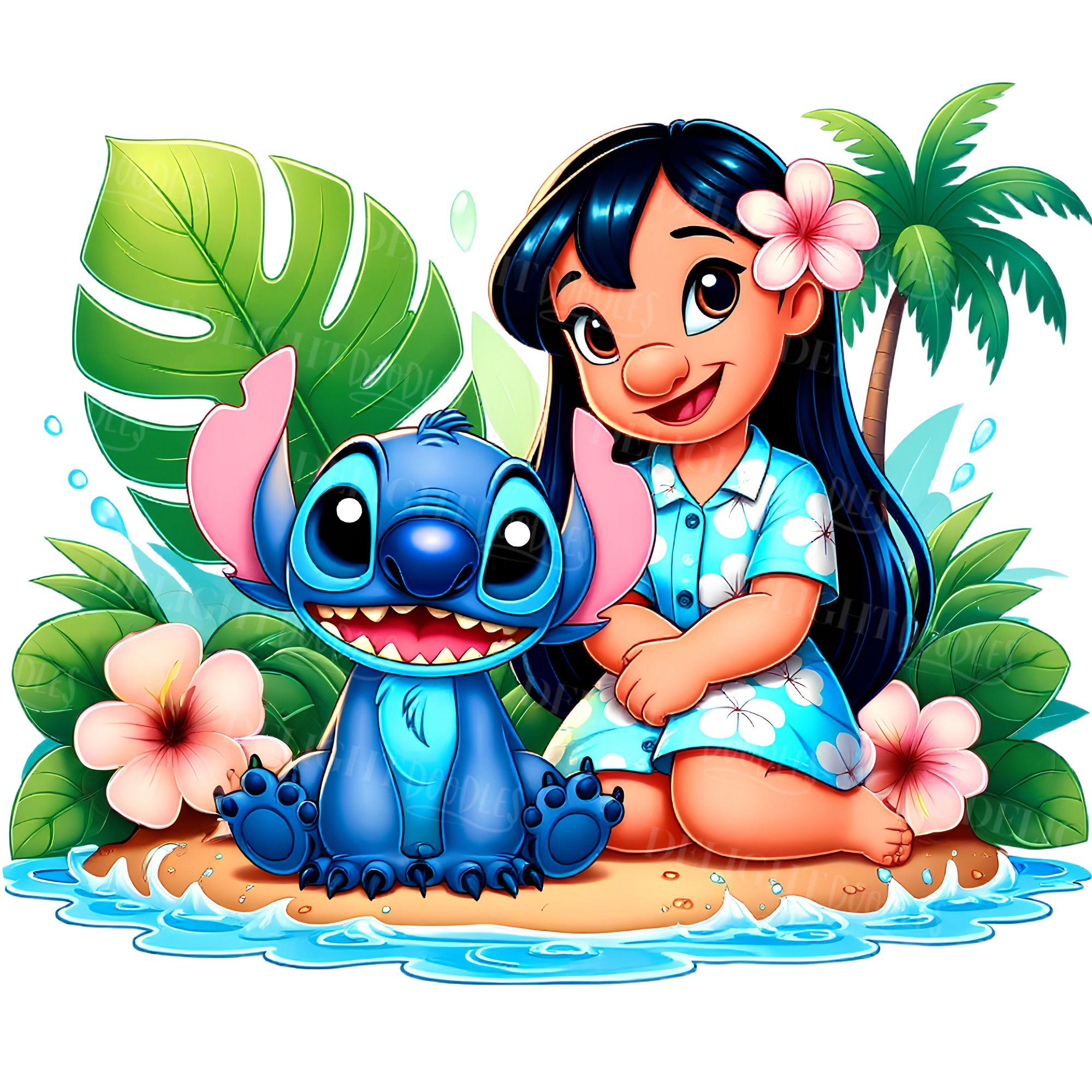 Lilo Stitch Summer Vibes Watercolor Splash Png,300Dpi High Resolution PNG,Stitch Floral Png,Cartoon Rainbow Aesthetic,Digital File Download