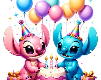 Stitch and Angel birthday hat and balloons PNG,  transparent background , clipart PNG, Cute cartoon, Clipart Good quality, instant download