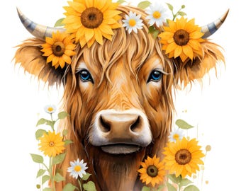 Highland Cow With Sunflowers PNG, 300 DPI, Digital Download