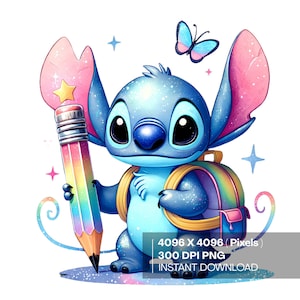 Stitch back to school PNG,  Stitch Clipart , 300 DPI,Stitch  transparent PNG, Cute Stitch, Back to School Clipart , instant download