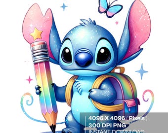 Stitch back to school PNG,  Stitch Clipart , 300 DPI,Stitch  transparent PNG, Cute Stitch, Back to School Clipart , instant download
