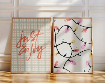 Set of 2 Art Prints: "Just Enjoy" Plaid Typography and Vibrant Fairy Lights Illustration - Playful Wall Decor for Any Room