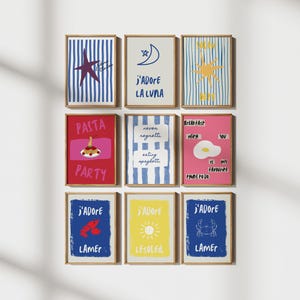 Juego de 9 cuadros de arte de pared con temática costera francesa, impresiones estéticas mediterráneas, decoración de cocina, carteles con temática de playa, desayuno, pasta, arte del sol y la luna