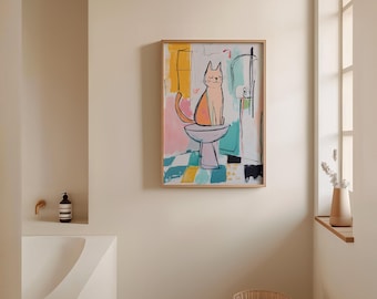 Abstracte kattenbadkamerkunst - grappige kat print, grillige kat schilderij, eigenzinnige badkamer wanddecoratie, modern kattenkunstwerk, speelse kattenposter