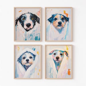 Colorful Bathing Dog Wall Art Set | Abstract Pet Portraits | Dog Bathroom Decor | Cute Dog Prints for Laundry Room, Grooming Salon, or Home