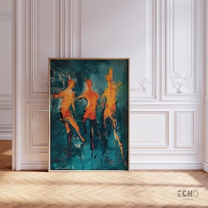 May include: Abstract painting of three figures in orange and yellow on a teal background.