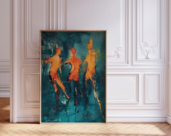 Abstract Dance Figures Digital Print - Vibrant Orange and Teal Modern Art for Living Room or Office Decor -Aesthetic Decor for Bedroom Flame