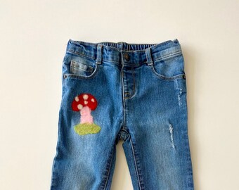 5T Kids Upcycled Jeans with Needle felted Mushrooms