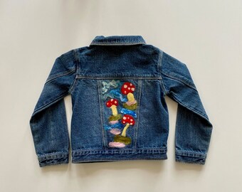 Girls Levi jacket up cycled with needle felt mushrooms