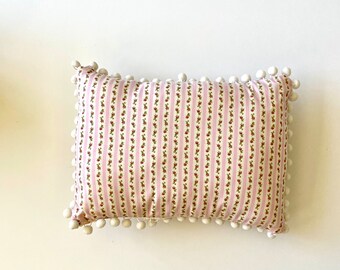 Pink Shabby Chic Pillow Cover Lumbar Pillow. with pompon trim.