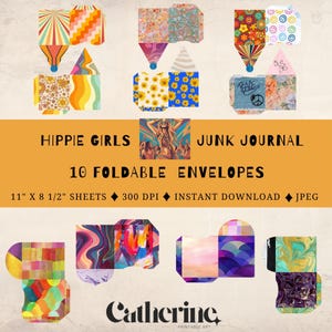 Hippie Girls Junk Journal Kit afdrukbare mini-enveloppen, opvouwbaar, ephemera, psychedelische jaren 70, boho-sfeer, hoge kwaliteit, direct downloaden