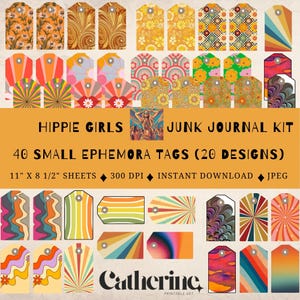 Kit de diario basura para chicas hippies, etiquetas pequeñas imprimibles, imprimibles modernos, efímeras, psicodélico de los años 70, estilo boho, alta calidad, descarga instantánea