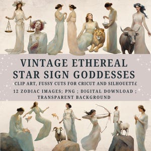 Vintage éthéré signe astrologique déesses Clip Art, coupes difficiles femmes pour Cricut et Silhouette, téléchargement numérique, fond Transparent, PNG