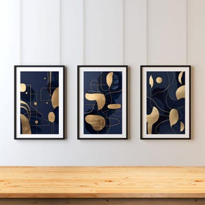 Lot de 3 impressions d&#39;art murales abstraites dorées bleu marine | Téléchargement instantané | Oeuvre d&#39;art imprimable minimaliste moderne | Décoration géométrique de luxe bleue et dorée