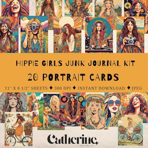 Kit de diário de meninas hippies para impressão, cartões de retrato imprimíveis, imprimíveis descolados, visual dos anos 70, vibe boho, álbum de recortes, alta qualidade, download instantâneo