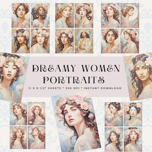 Kit de journal indésirable pour femmes de rêve, cartes portrait imprimables, illustrations éthérées, album de coupures, créations manuelles, 300 dpi, téléchargement immédiat
