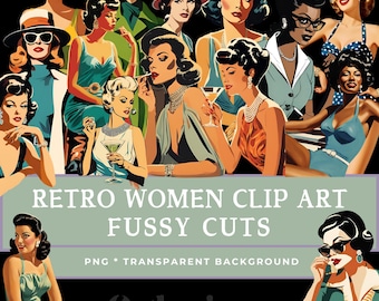 Retro Women Junk Journal Clip Art, 1950s Women Fussy Cuts for Cricut & Silhouette, Digital Download, Transparent Background, Vintage Fashion