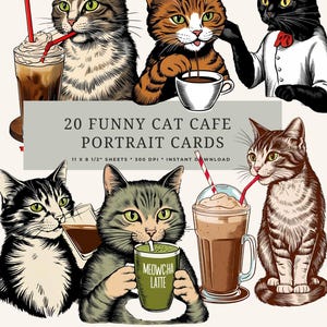 Cartes de café Cat Café vintage – Art du café à imprimer sur le thème des chats | Impressions expresso drôles de chat | Décoration murale en téléchargement numérique - créations en papier
