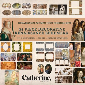 May include: A set of 38 printable digital junk journal ephemera featuring Renaissance-era women, paintings, and decorative elements. The ephemera is designed for use in scrapbooking, journaling, and other paper crafts. The set includes a variety of images, including portraits of women, scenes from Renaissance paintings, and decorative borders and frames. The ephemera is available for instant download and is printed on 11-inch by 8.5-inch sheets at 300 DPI.