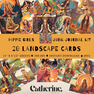 Kit de diario basura para chicas hippies, tarjetas con paisajes imprimibles, imprimibles modernos, estilo años 70, estilo boho, álbum de recortes, alta calidad, descarga instantánea