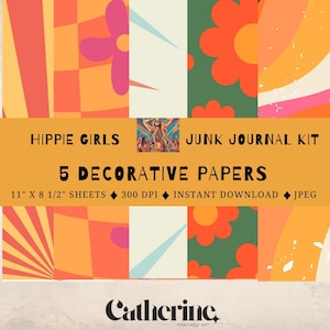 Hippie Girls Junk Journal Kit Printable Decorative Background Paper, 70&#39;s look, Boho vibe, Scrapbook, High Quality, Instant Download