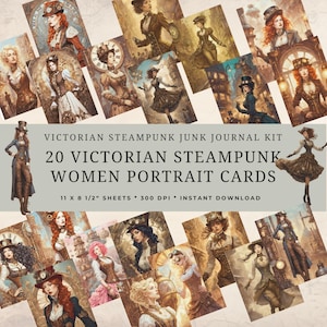 Victorian Steampunk Women Junk Journal Portrait Cards Kit, Digital Printable, Instant Download, Junk Journal, Women&#39;s Fashion, Fussy Cuts