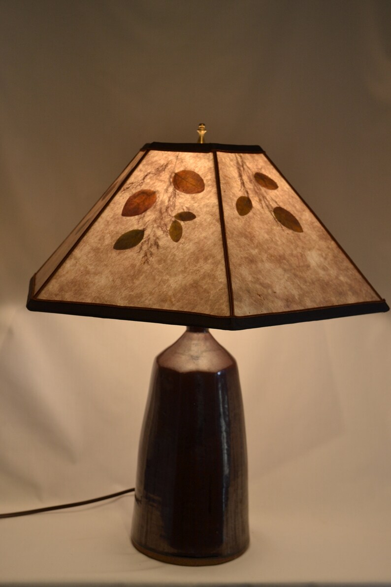 Stoneware Table Lamp With A Handmade Mica Shade Pressed Leaves
