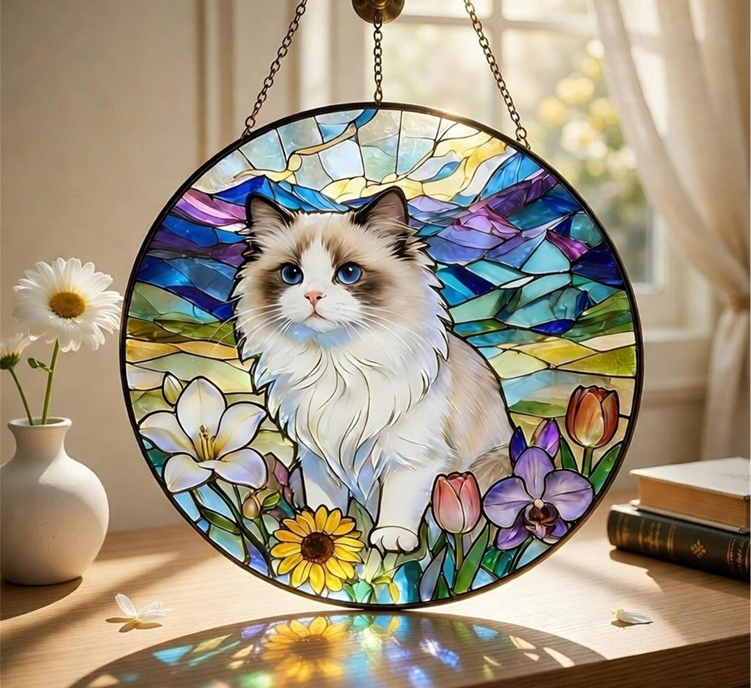 Ragdoll Cat Stained Glass Suncatcher - Floral Acrylic Window Hanging ...