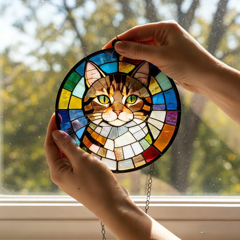 Sunny Tabby Window Art Stained Glass Suncatcher | Tabby Cat Sun Catcher ...