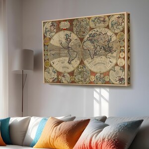 Vintage Retro Weltkarte Gemälde, große Wandbehang, gerahmte Leinwand Wandkunst, Housewarming Geschenke, moderne Leinwand Wanddekoration