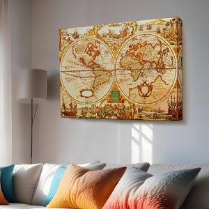 Vintage Retro Weltkarte Gemälde, gerahmte Leinwand Wandkunst, moderne Leinwand Wanddekoration, große Wandbehang, Housewarming Geschenke