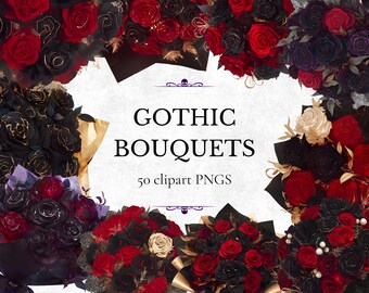 Gothic Bouquets Clipart, 50 PNGs, Gothic Wedding, Black and Red Roses Clipart Bundle, Dark Romance, Instant Digital Download, Commercial Use