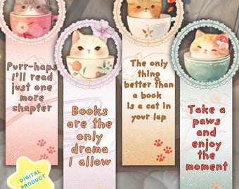 印刷可能な猫のブックマーク、文字入りのかわいい猫のブックマーク、水彩猫のブックマーク、猫好きへのギフト、プリント＆カットのブックマークセット