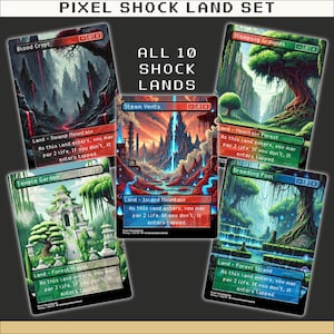 MTG Proxy Karten Set im 8-Bit Pixelstil – Shock Länder + Ancient Tomb | Fan Art Länder für Commander | Magic The Gathering Retro Proxies