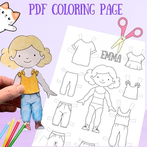 Paper doll printable with clothes. Coloring page book. Outline. Digital download. Dress up, cutout. Toy, game, activity, play for children.