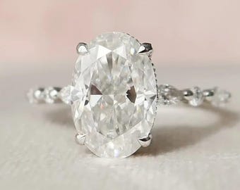 Hidden Halo Ring, 2.5 Ct Oval Cut lab Grown Engagement Ring,Side Marquise & Round Diamond Wedding Ring,14K Solid White Gold Anniversary Ring