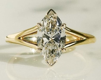 Marquise Cut Lab Diamond Engagement Ring, Split Shank, 18K Gold